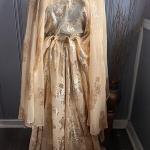Elegant Gold Floral Gown with Cape